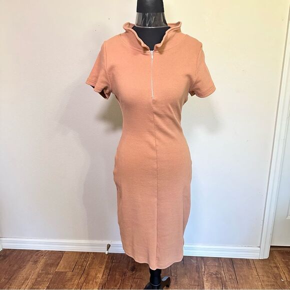 PrettyLittleThing Orange Ribbed Midi Dress Mock Neck Casual - Picture 1 of 6
